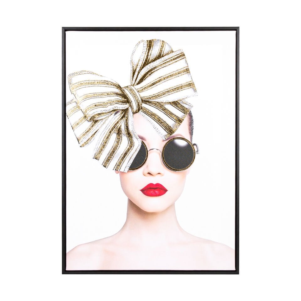 Kanvas Tablo, Kurdelalı Kadın, Siyah Ahşap Çerçeveli, Gold Kabartmalı, Gold-Beyaz - 50x3x70 cm