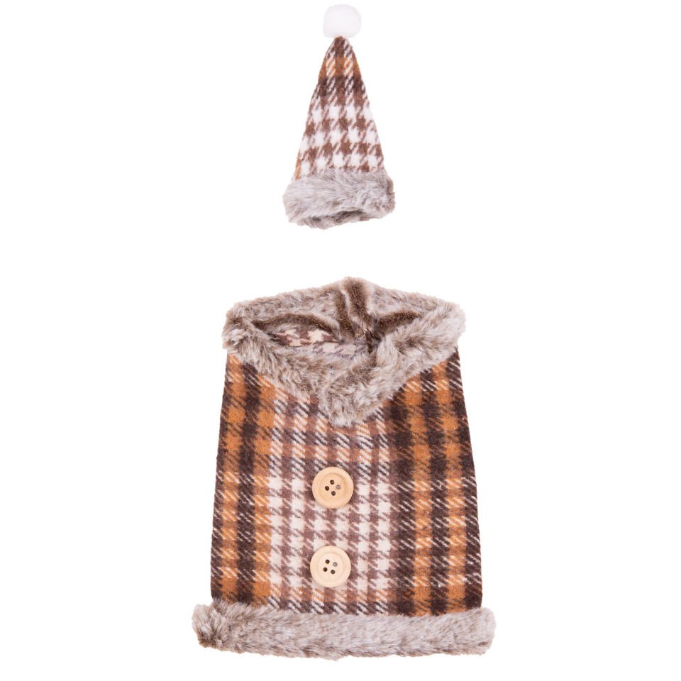 Yılbaşı Şişe Süsü, Şapkalı, Ekose Desenli, Kahverengi - 13x19 cm