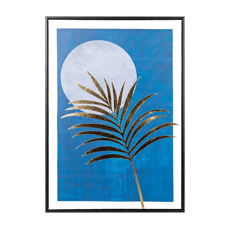 Kanvas Tablo, Gecede Areka Palmiyesi Yaprağı, Siyah Ahşap Çerçeveli, Gold Kabartmalı, Gold-Mavi - 50x3x70 cm