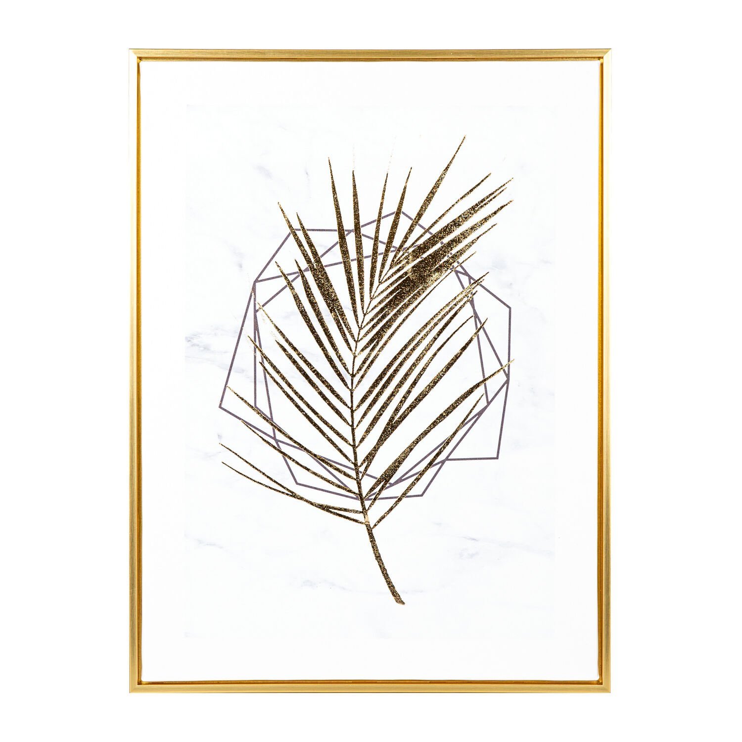 Kanvas Tablo, Palmiye Yaprağı, Gold Renk Ahşap Çerçeveli, Gold Kabartmalı, Gold-Beyaz - 45x2,5x60 cm