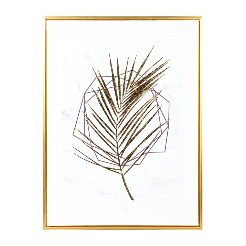 Kanvas Tablo, Palmiye Yaprağı, Gold Renk Ahşap Çerçeveli, Gold Kabartmalı, Gold-Beyaz - 45x2,5x60 cm