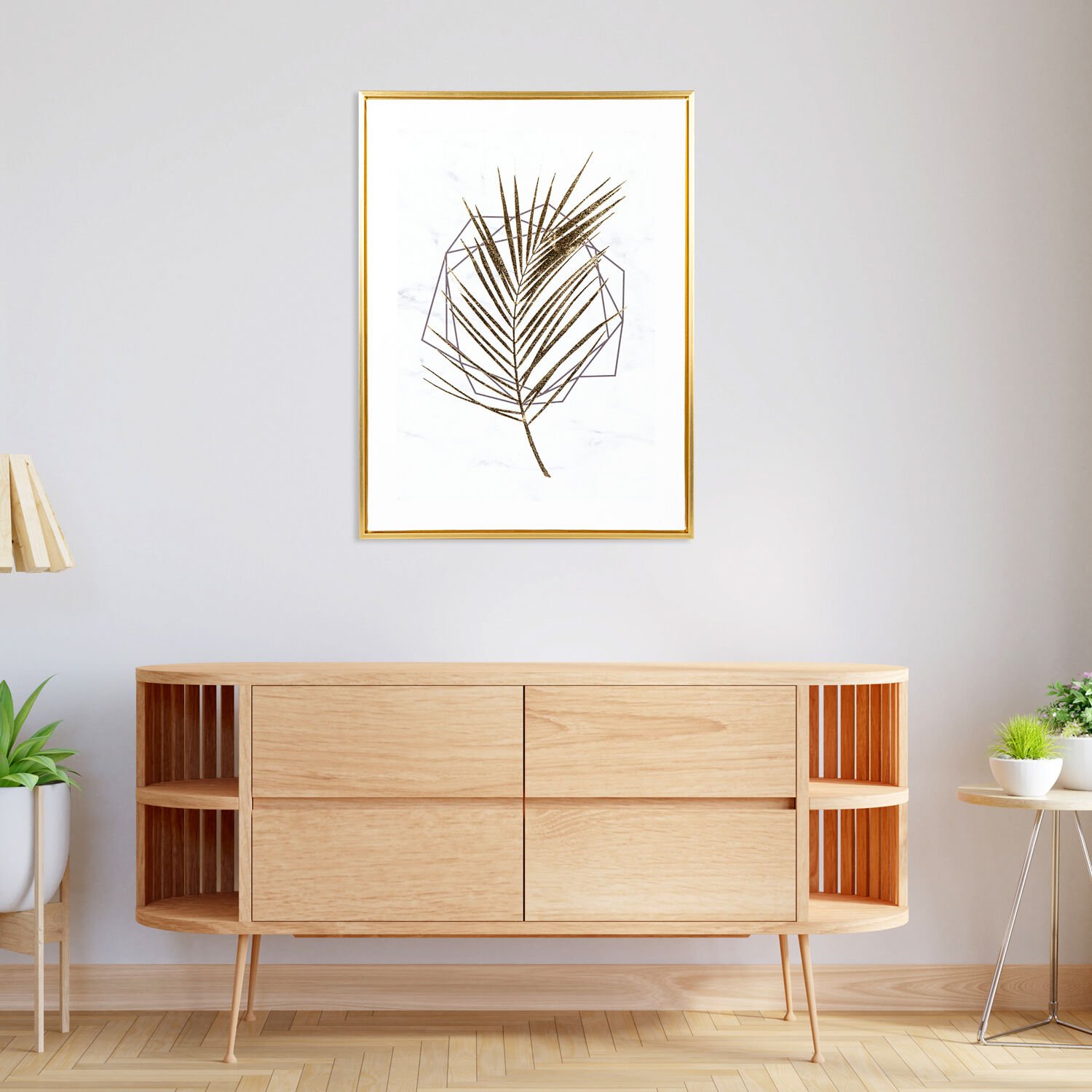 Kanvas Tablo, Palmiye Yaprağı, Gold Renk Ahşap Çerçeveli, Gold Kabartmalı, Gold-Beyaz - 45x2,5x60 cm