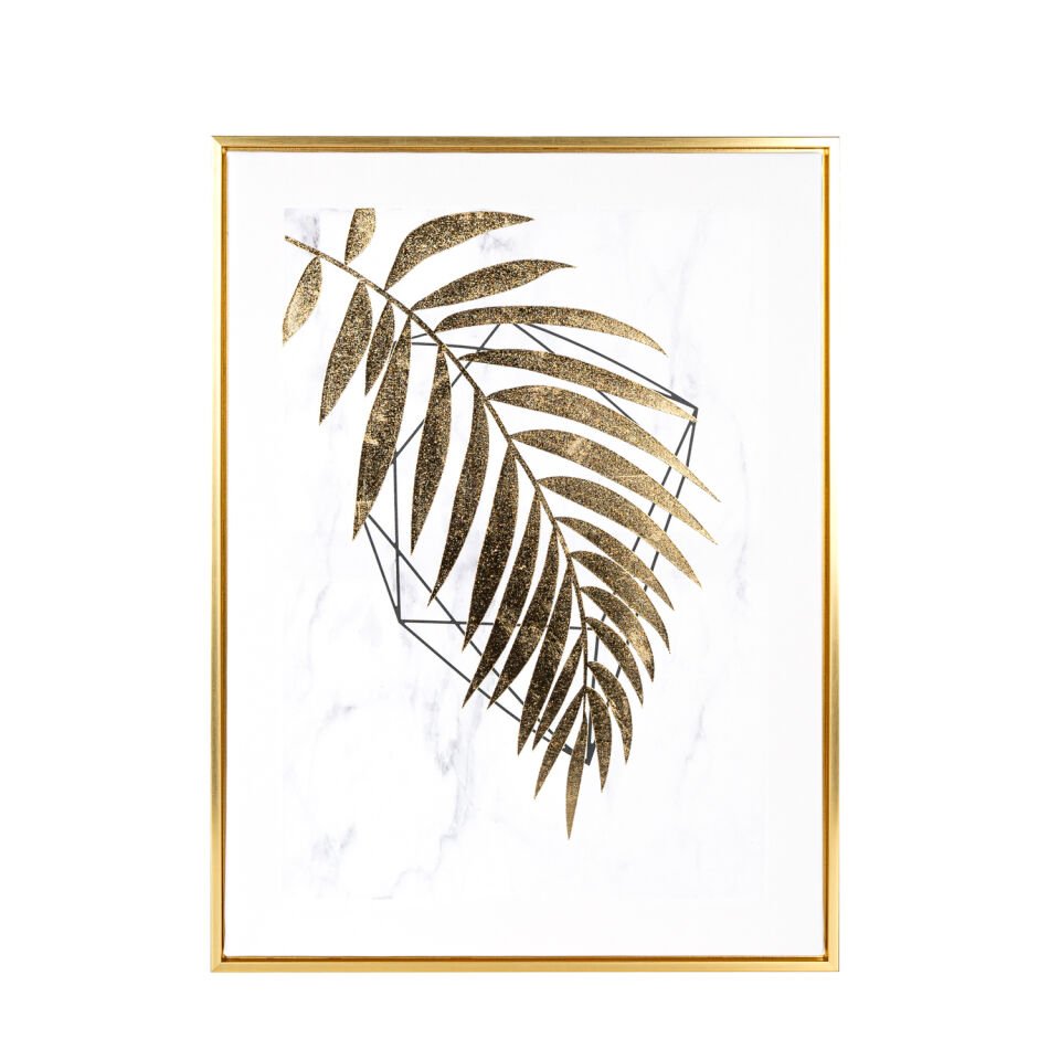 Kanvas Tablo, Palmiye Yaprağı, Gold Renk Ahşap Çerçeveli, Gold Kabartmalı, Gold-Beyaz - 45x2,5x60 cm