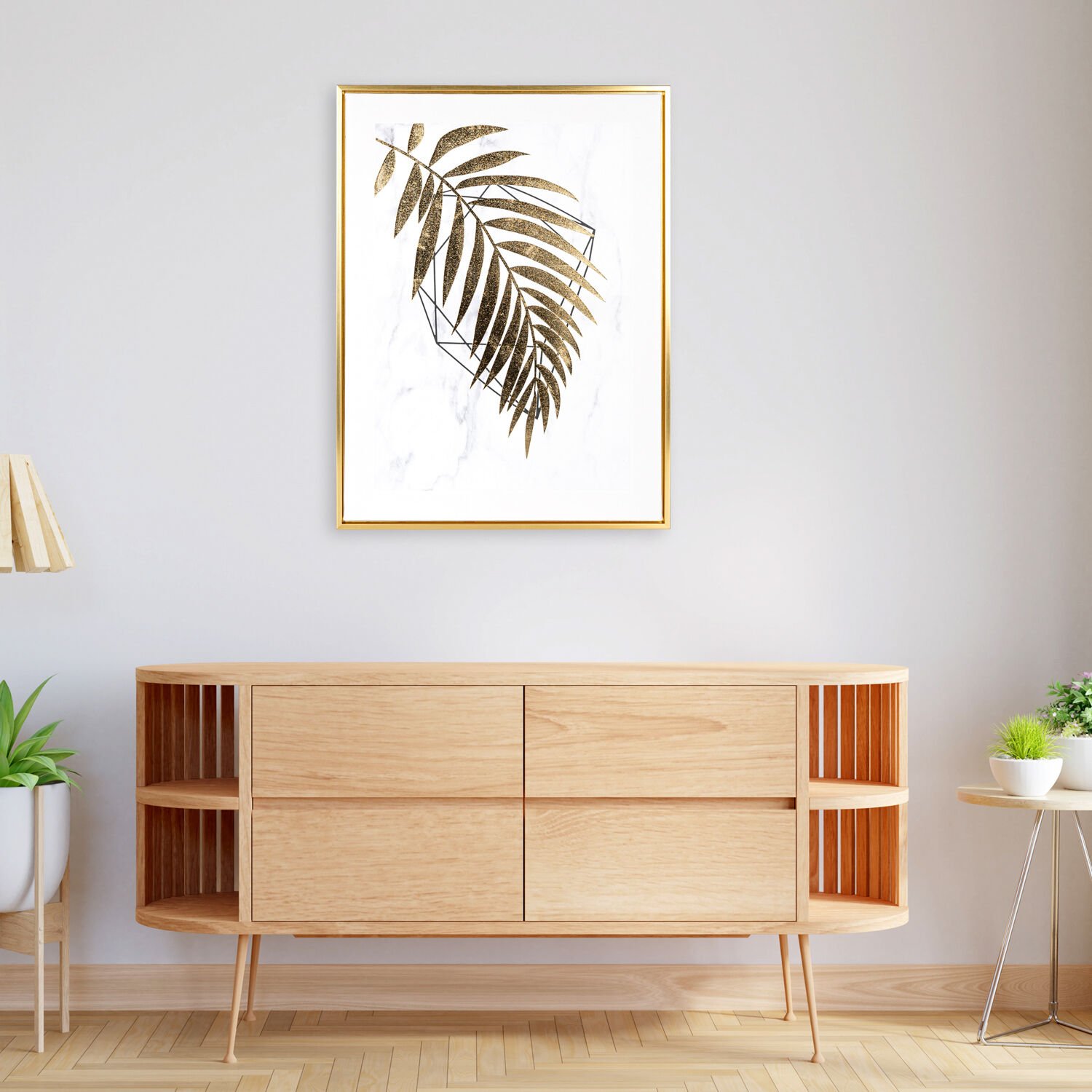Kanvas Tablo, Palmiye Yaprağı, Gold Renk Ahşap Çerçeveli, Gold Kabartmalı, Gold-Beyaz - 45x2,5x60 cm