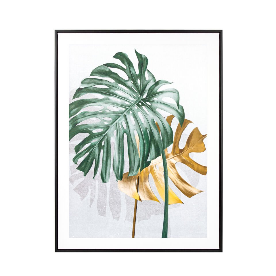 Kanvas Tablo, Palmiye Yaprağı, Siyah Ahşap Çerçeveli, Gold-Yeşil - 60x3x80 cm