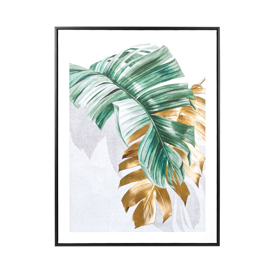 Kanvas Tablo, Palmiye Yaprağı, Siyah Ahşap Çerçeveli, Gold-Yeşil - 60x3x80 cm