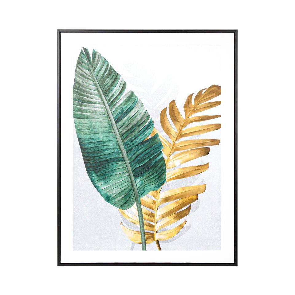 Kanvas Tablo, Palmiye Yaprağı, Siyah Ahşap Çerçeveli, Gold-Yeşil - 60x3x80 cm